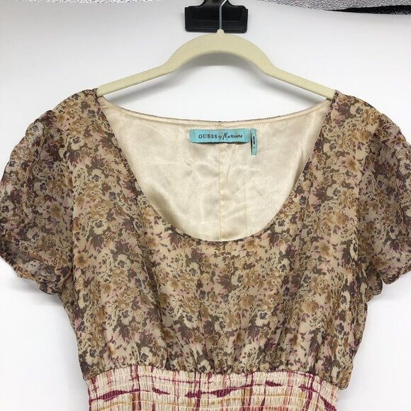 Guess by Marciano Sepia 100% Silk Floral A-line Short Sleeve Mini Dress S - Picture 5 of 16